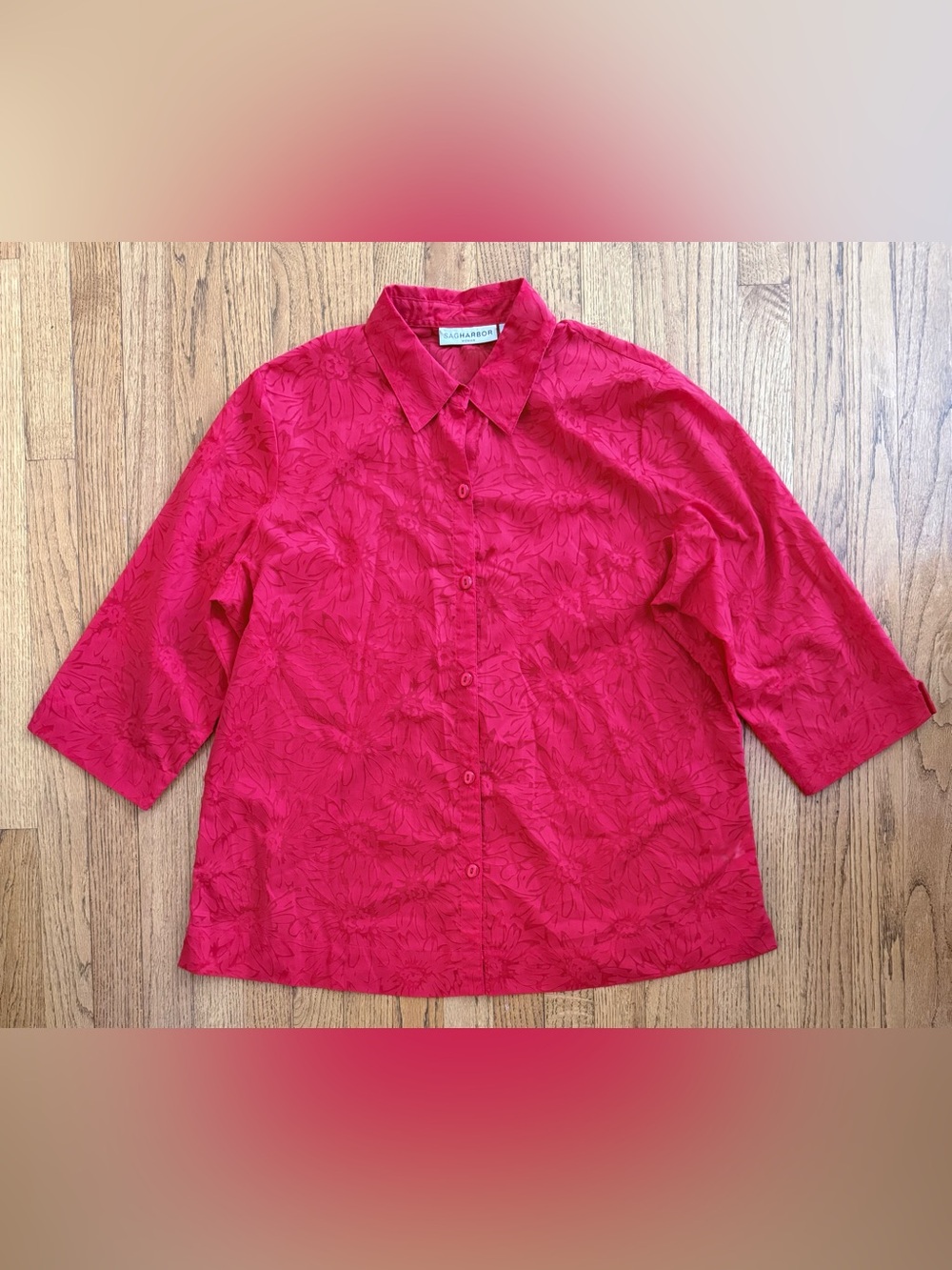 Sag Harbor Woman 1X Bright Red Floral Button Front Blouse 3/4 Sleeve Plus Size